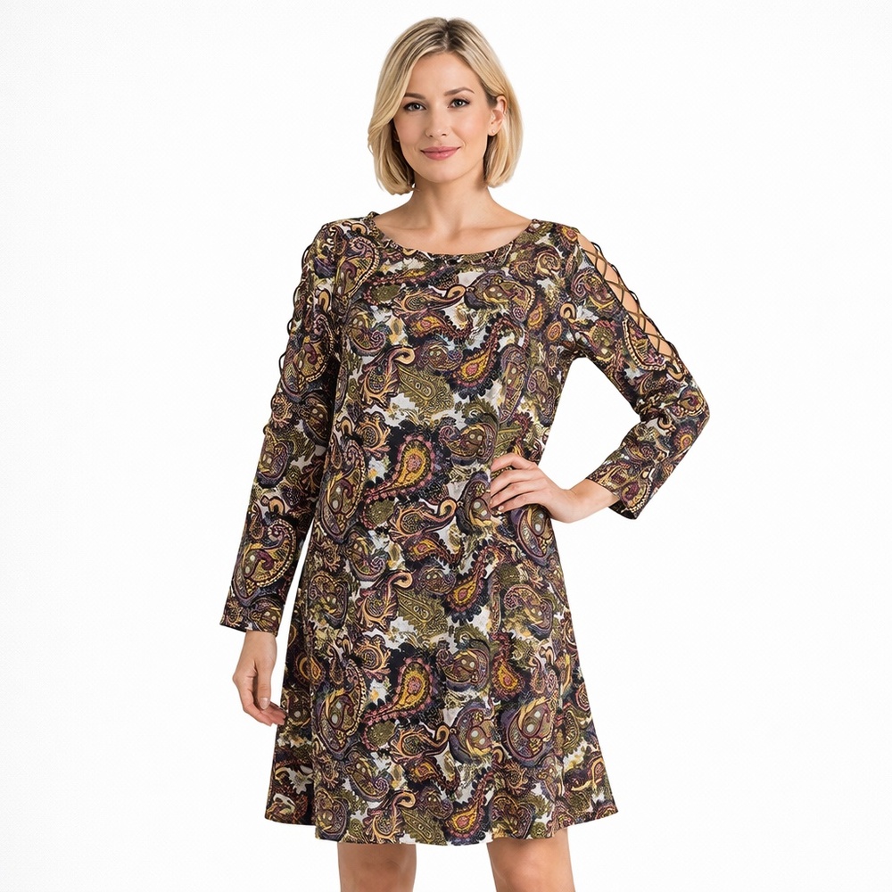 Lulu B Dress Size Large Green Paisley Pattern Long Sleeve A-Line Jersey Knit